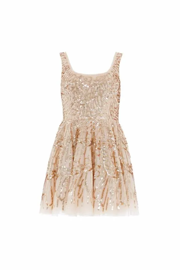 Women Needle and Thread Marquet Scoop Neck Micro Mini Dress Beige