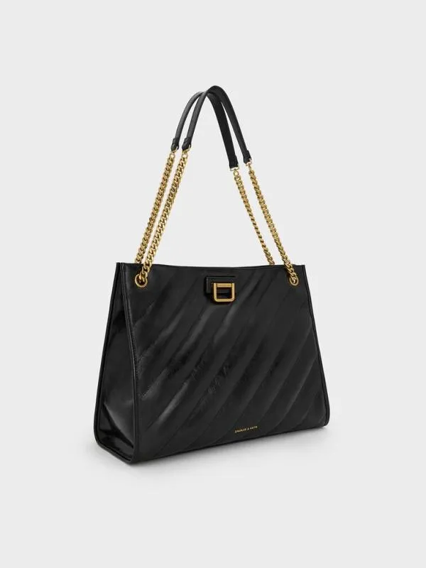 Women Neva Panelled ChainStrap Tote Bag 8211 Black CHARLES and KEITH Shoulder Bags