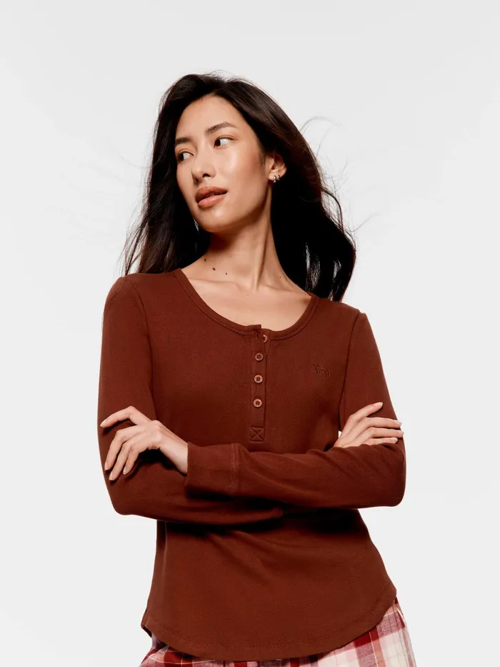 Women PA Classic Rib Henley Brown Peter Alexander Classic Tops
