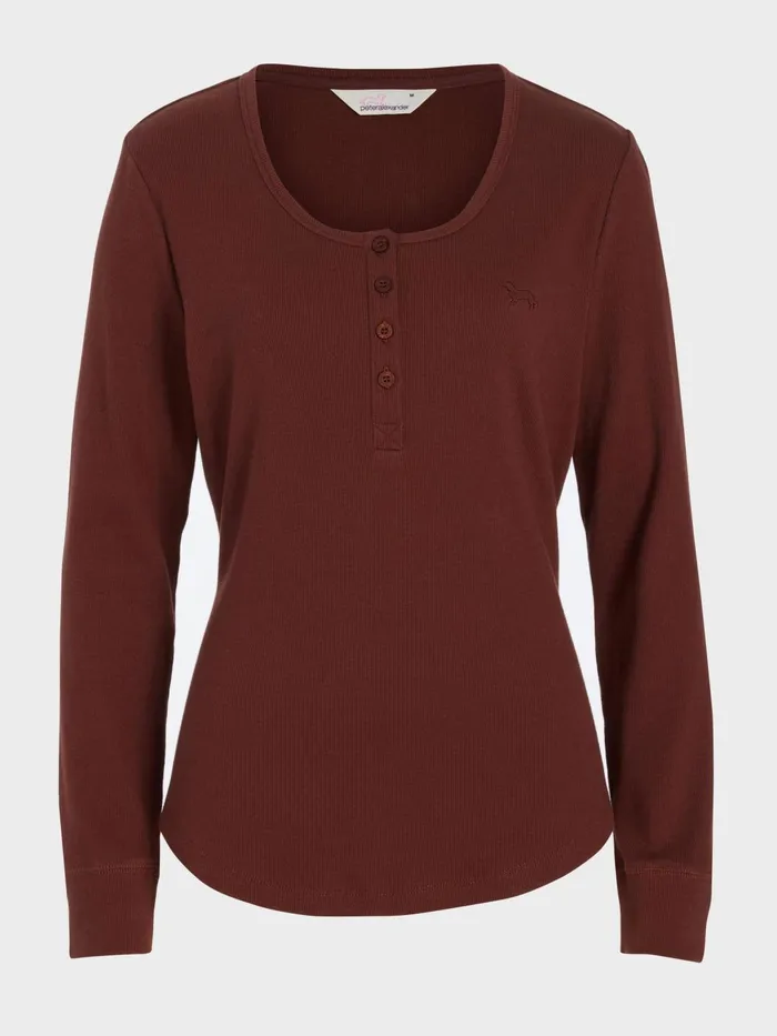 Women PA Classic Rib Henley Brown Peter Alexander Classic Tops