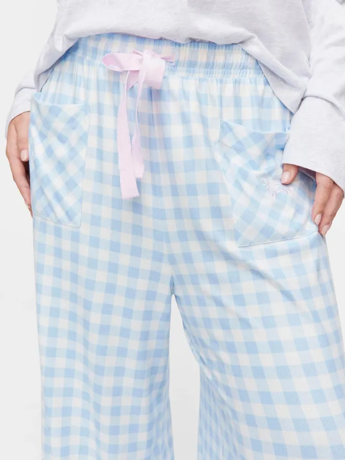 Women PA Plus Blue Plush Gingham Wide Leg Pj Pant Multi Peter Alexander Pants