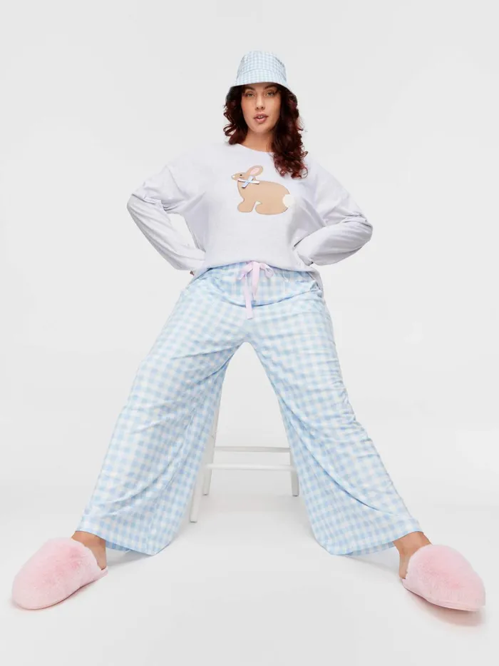 Women PA Plus Blue Plush Gingham Wide Leg Pj Pant Multi Peter Alexander Pants