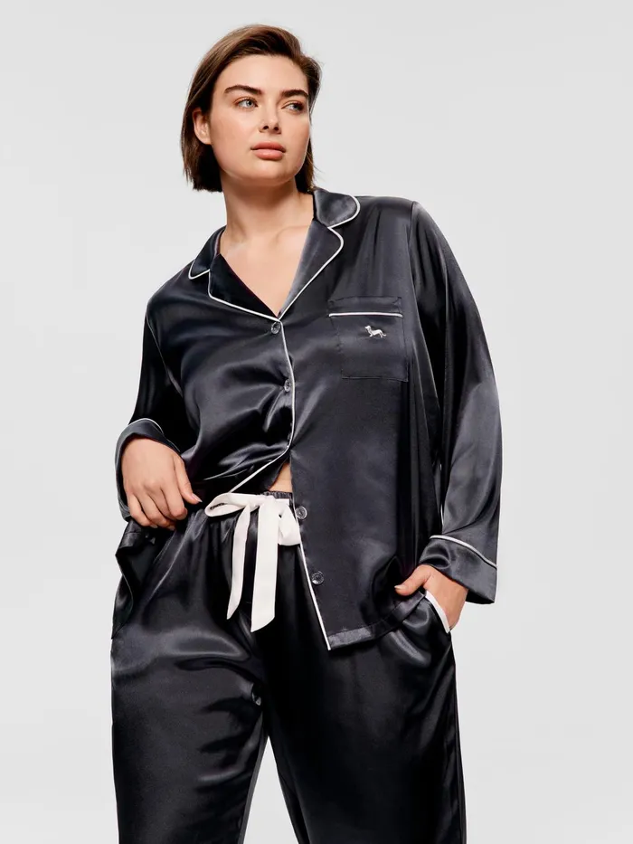 Women PA Plus Charcoal Chic Satin Long Sleeve Pj Set Charcoal Peter Alexander Sets and Onesies Women PA Plus Charcoal Chic Satin Long Sleeve Pj Set Charcoal Peter Alexander Sets and Onesies