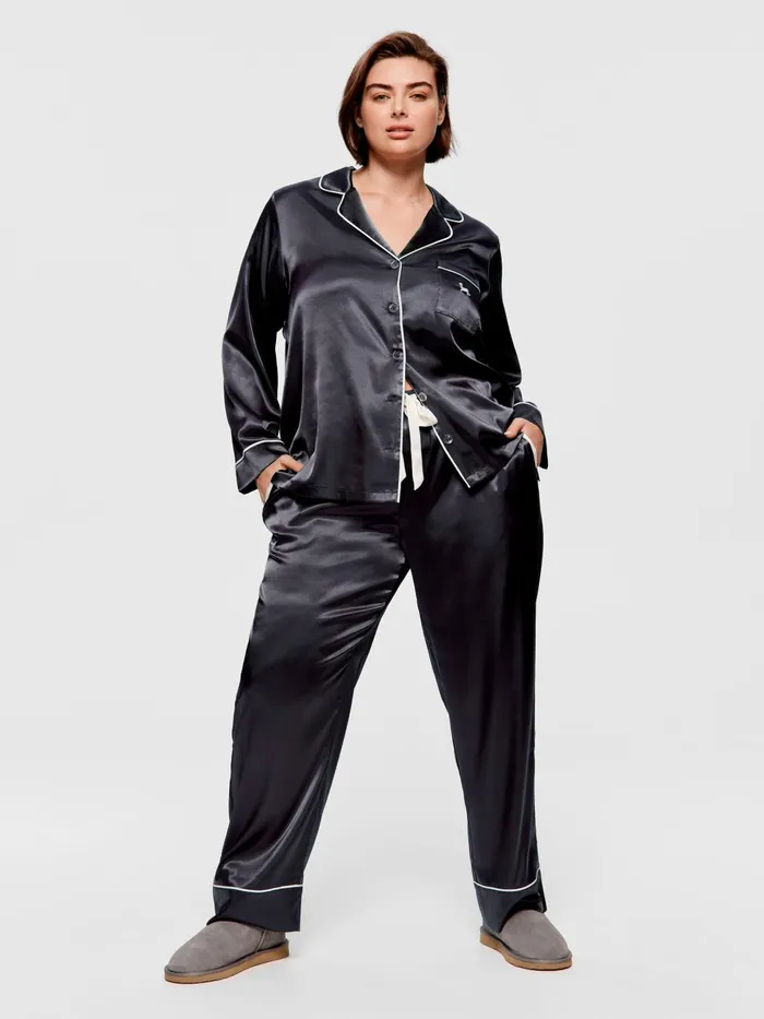 Women PA Plus Charcoal Chic Satin Long Sleeve Pj Set Charcoal Peter Alexander Sets and Onesies