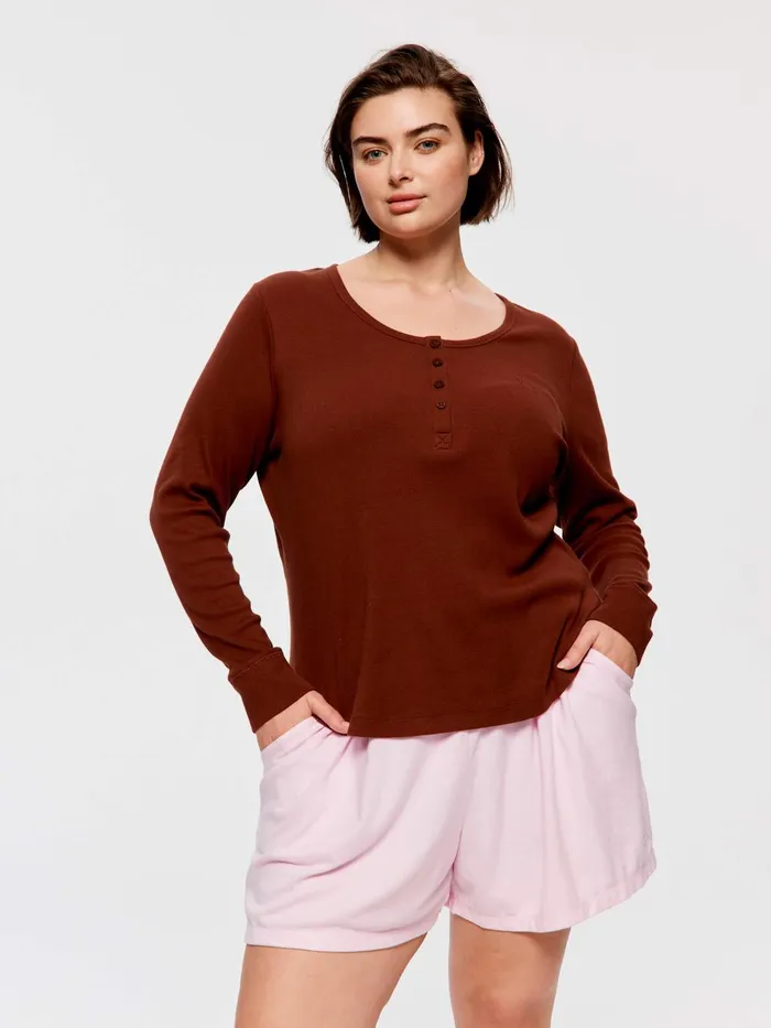 Women PA Plus Classic Rib Henley Navy Peter Alexander Classic Tops