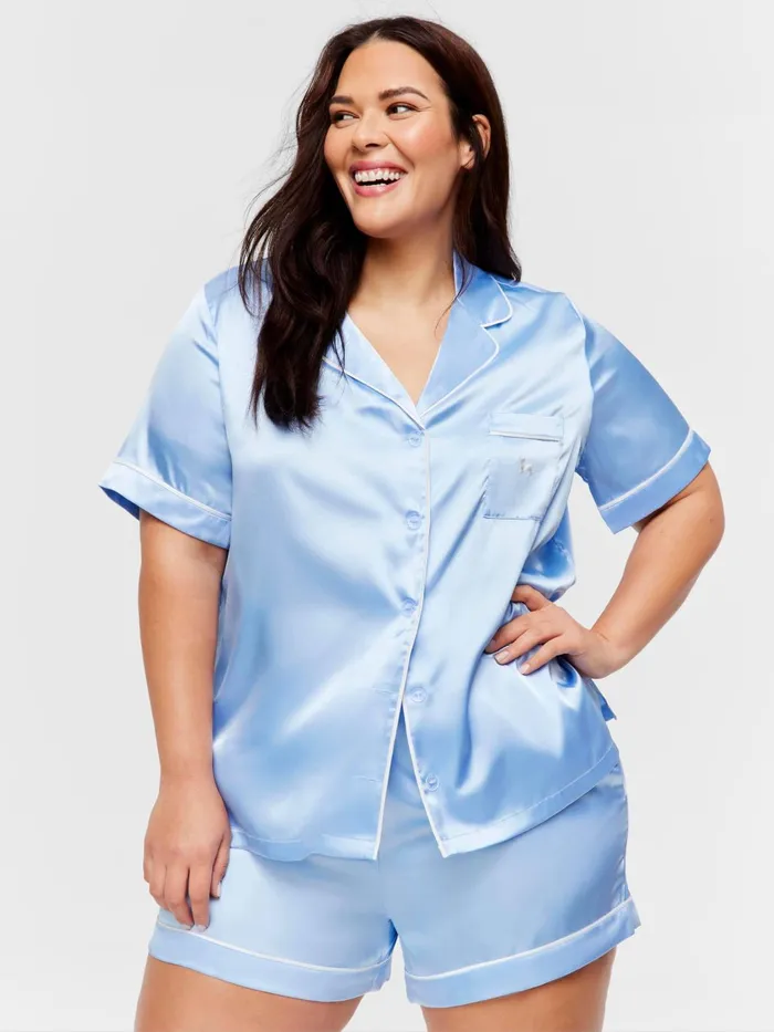Women PA Plus Cornflower Blue Satin Pj Set Blue Peter Alexander Sets and Onesies