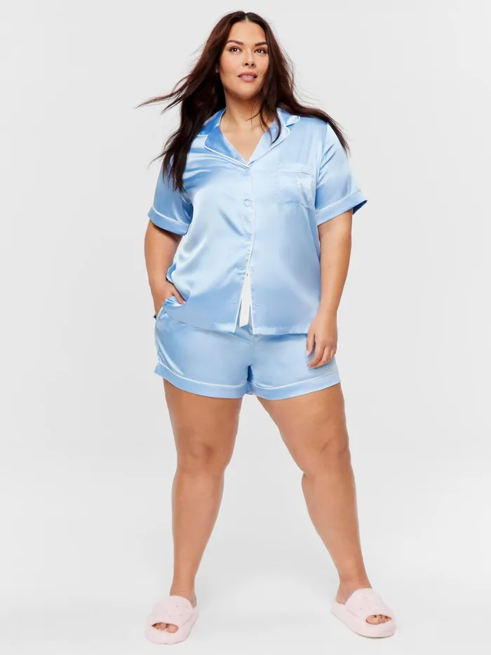 Women PA Plus Cornflower Blue Satin Pj Set Blue Peter Alexander Sets and Onesies