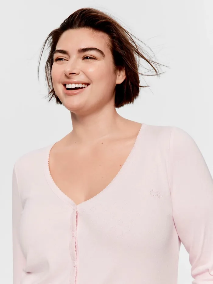 Women PA Plus Heart Pointelle Long Sleeve Henley Top Pink Peter Alexander Tops