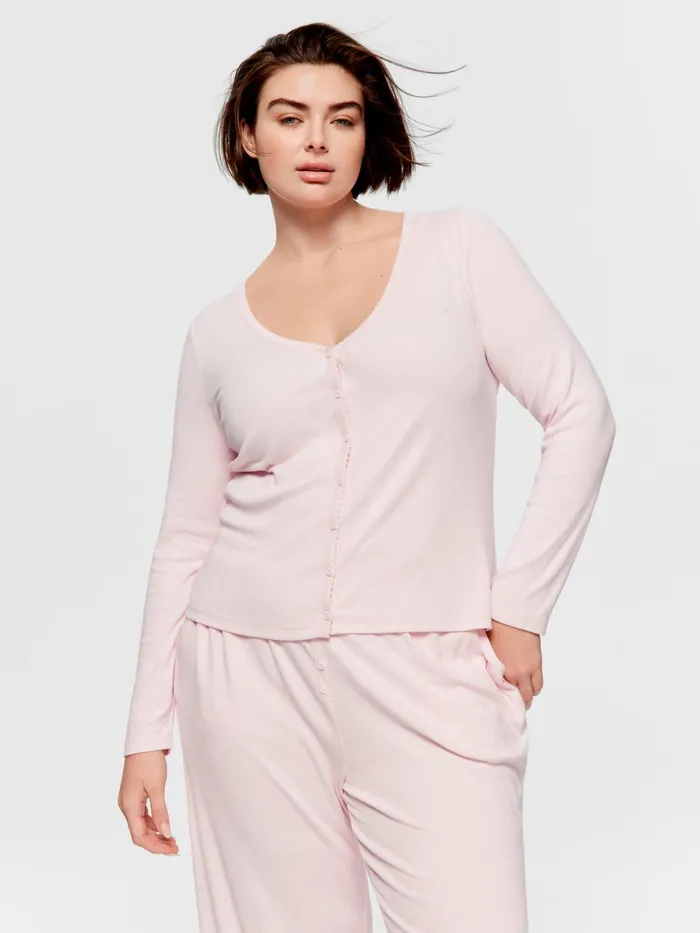 Women PA Plus Heart Pointelle Long Sleeve Henley Top Pink Peter Alexander Tops