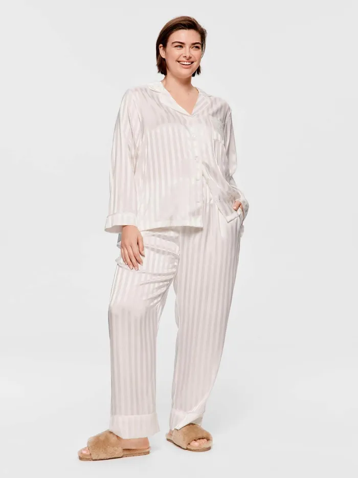 Women PA Plus White Stripe Chic Satin Long Sleeve Pj Set White Peter Alexander Satin