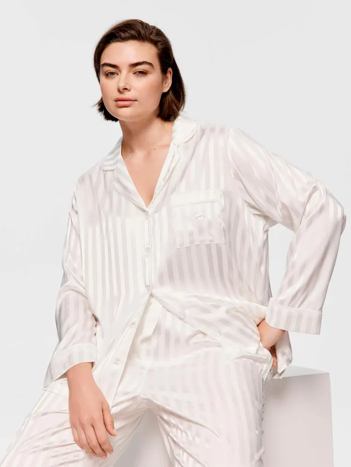 Women PA Plus White Stripe Chic Satin Long Sleeve Pj Set White Peter Alexander Satin