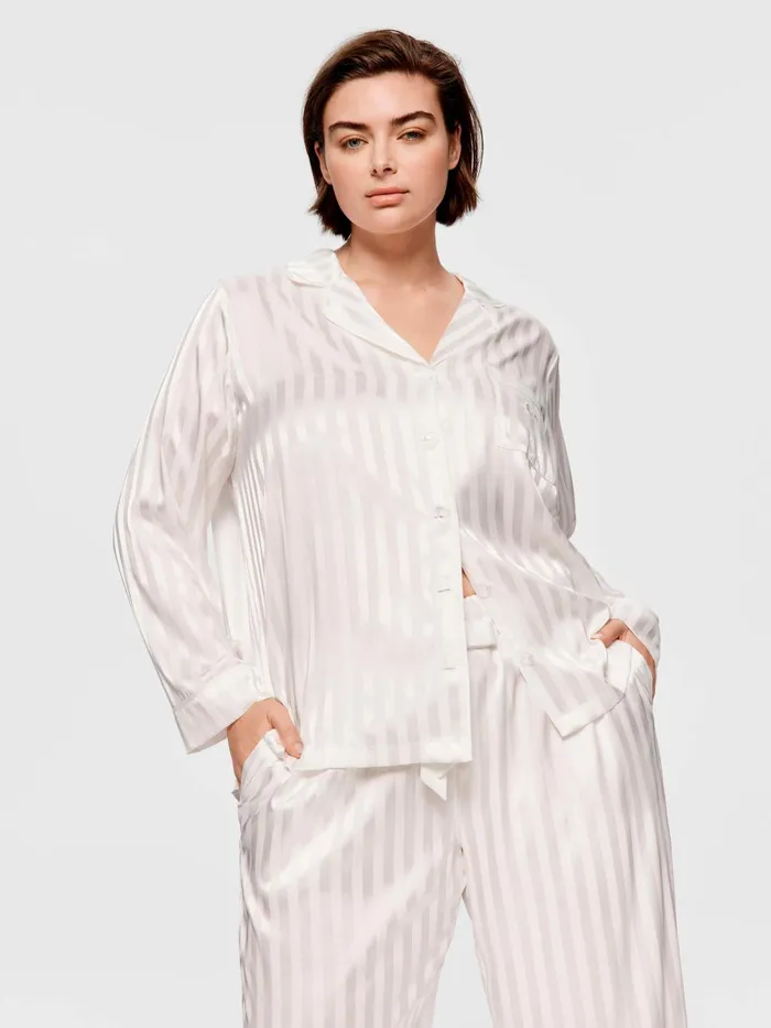 Women PA Plus White Stripe Chic Satin Long Sleeve Pj Set White Peter Alexander Satin