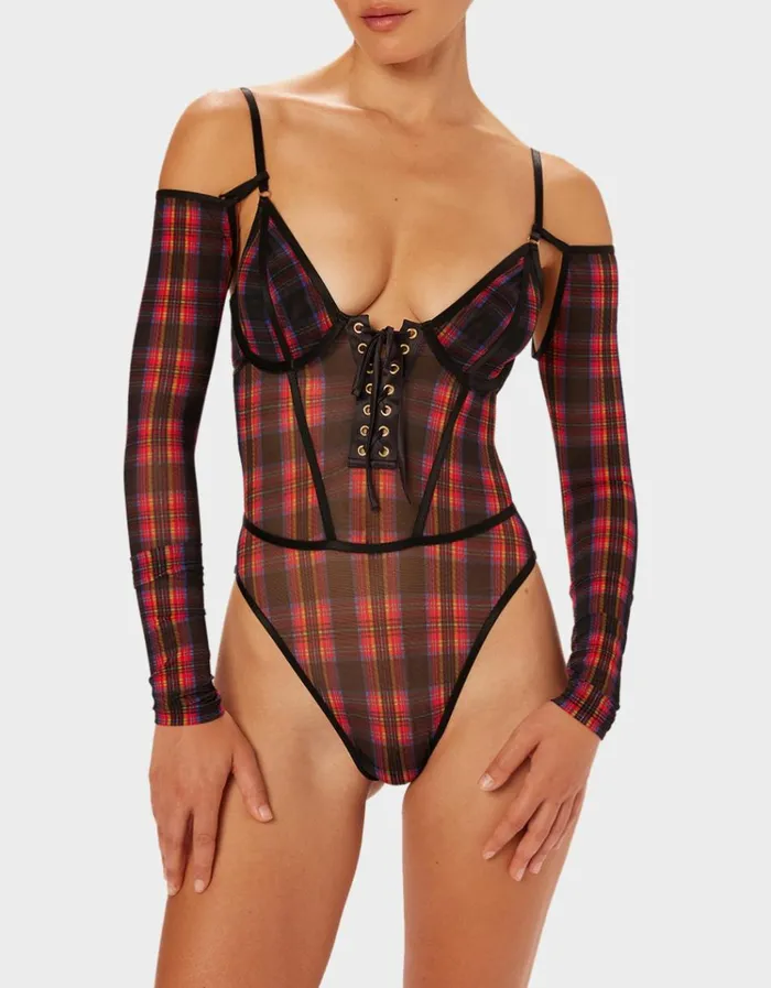 Women PARADE PLAID BODYSUIT RED PLAID Betsey Johnson