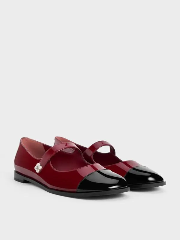 Women Patent PearlEmbellished FlowerBuckle CapToe Mary Janes 8211 Maroon CHARLES and KEITH Ballet Flats