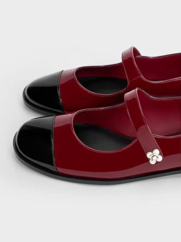 Women Patent PearlEmbellished FlowerBuckle CapToe Mary Janes 8211 Maroon CHARLES and KEITH Ballet Flats