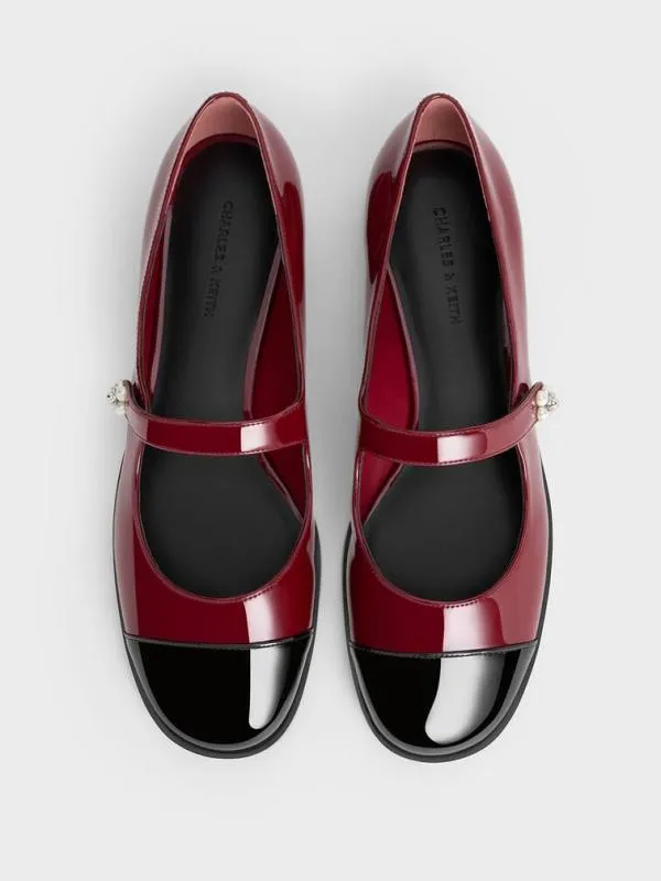 Women Patent PearlEmbellished FlowerBuckle CapToe Mary Janes 8211 Maroon CHARLES and KEITH Ballet Flats