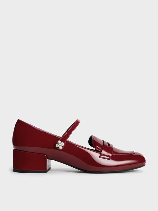 Women Patent PearlEmbellished FlowerBuckle Mary Jane Loafers 8211 Maroon CHARLES and KEITH Heels Women Patent PearlEmbellished FlowerBuckle Mary Jane Loafers 8211 Maroon CHARLES and KEITH Heels