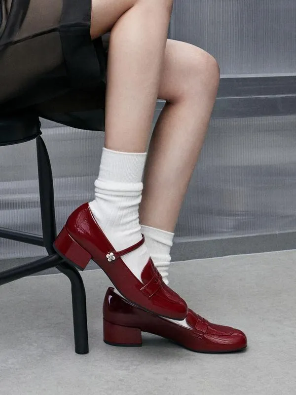 Women Patent PearlEmbellished FlowerBuckle Mary Jane Loafers 8211 Maroon CHARLES and KEITH Heels