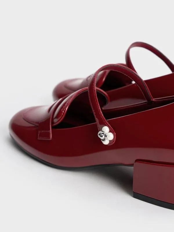 Women Patent PearlEmbellished FlowerBuckle Mary Jane Loafers 8211 Maroon CHARLES and KEITH Heels