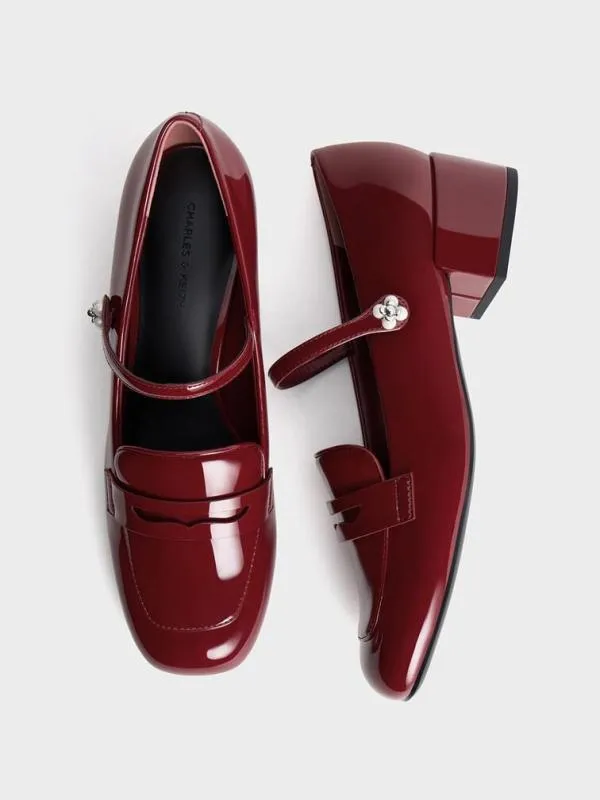 Women Patent PearlEmbellished FlowerBuckle Mary Jane Loafers 8211 Maroon CHARLES and KEITH Heels