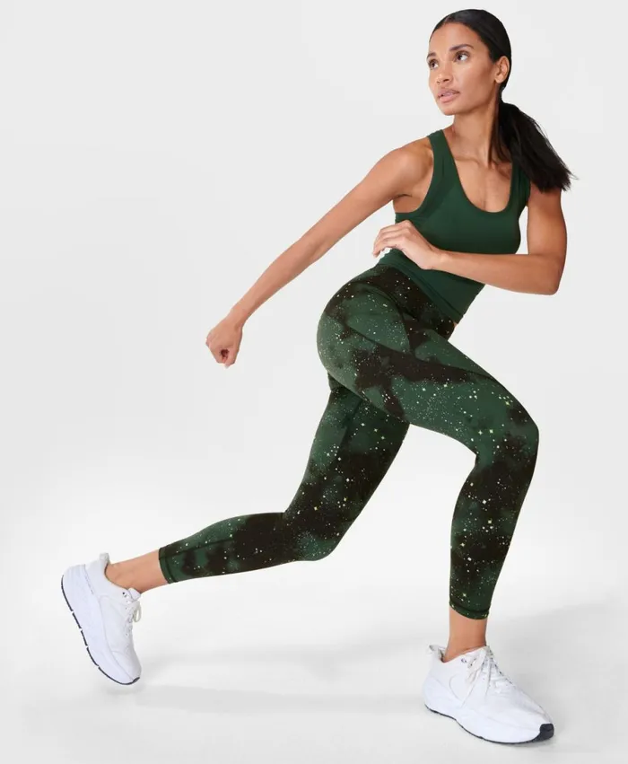 Women Power 78 Gym Leggings Green Ditsy Star Print Sweaty Betty Pocketed