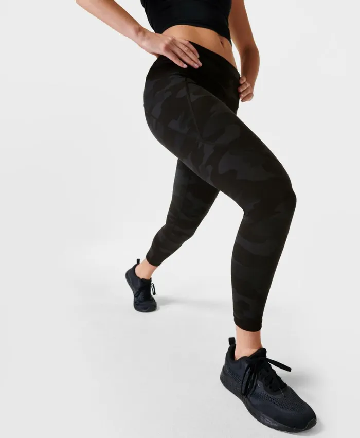 Women Power 78 Gym Leggings Ultra Black Camo Print Sweaty Betty Pocketed