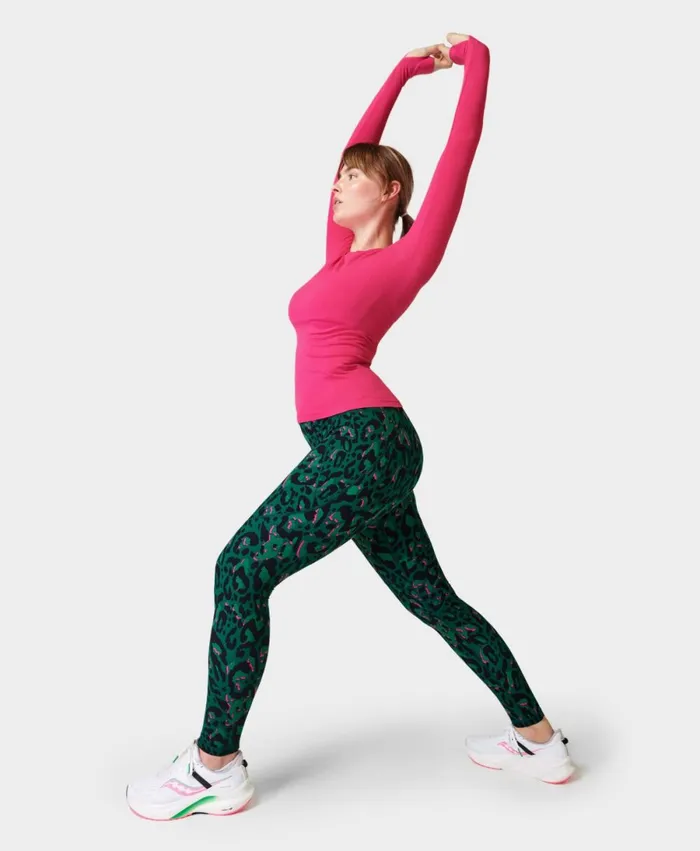 Women Power Gym Leggings Green Brushstroke Leo Print Sweaty Betty Pocketed