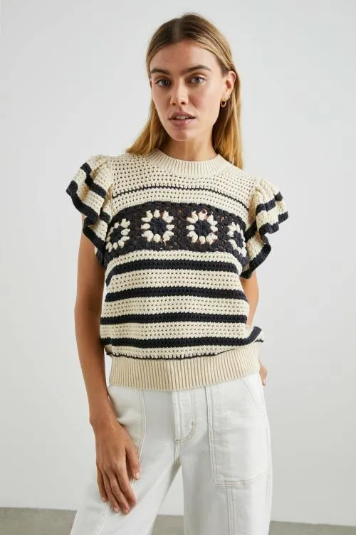 Women Rails Sweaters Penelope Top Oat Navy Crochet Stripe
