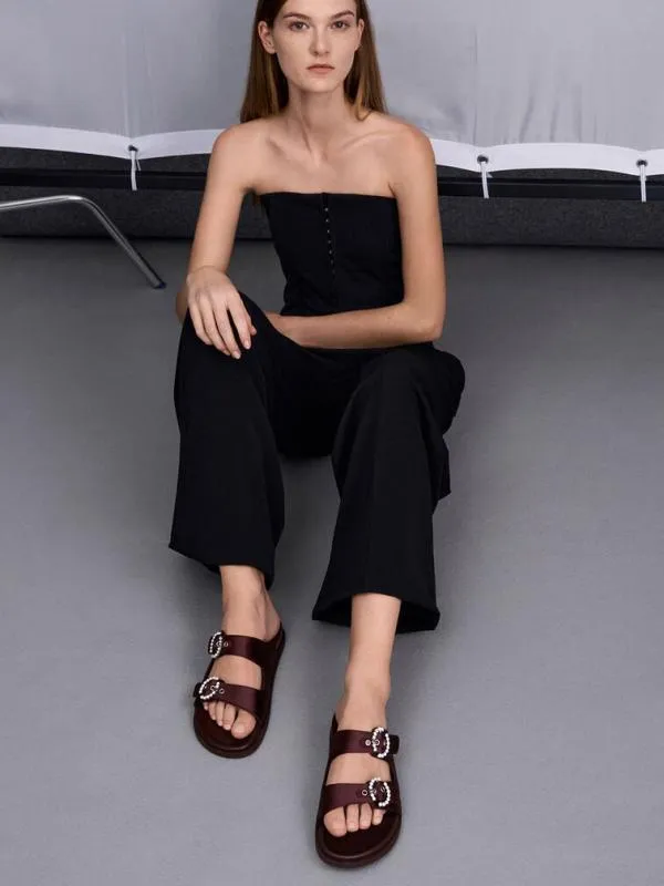 Women Recycled Polyester Embellished Buckle Sandals 8211 Burgundy CHARLES and KEITH Sandals