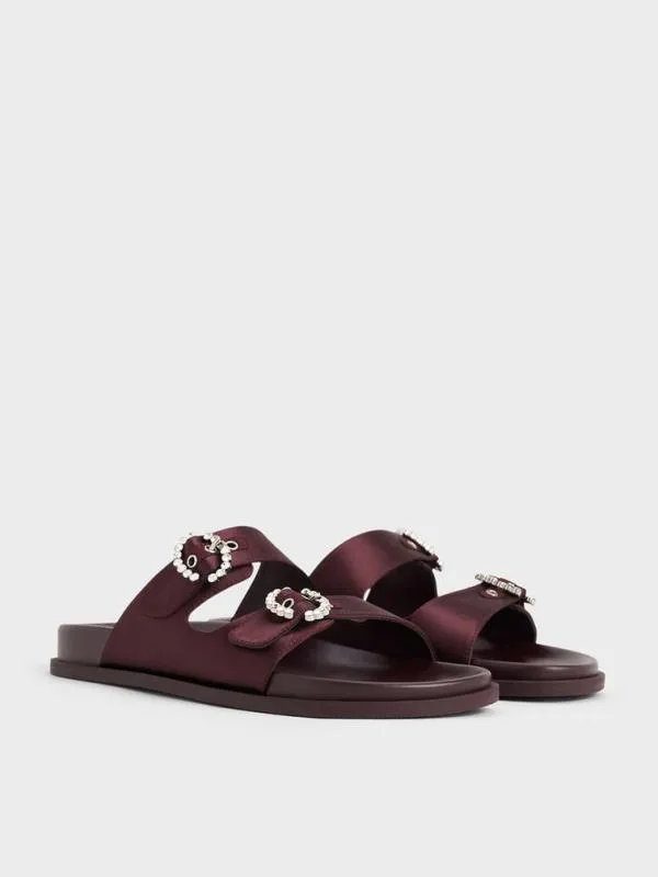 Women Recycled Polyester Embellished Buckle Sandals 8211 Burgundy CHARLES and KEITH Sandals