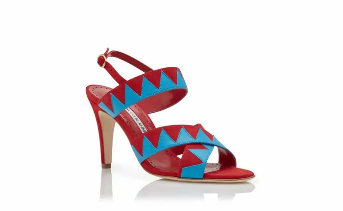 Women Red And Blue Suede Zig Zag Sandals Manolo Blahnik Sandals