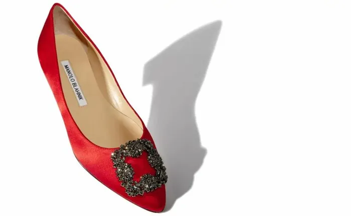 Women Red Satin Jewel Buckle Flat Pumps Manolo Blahnik Flats