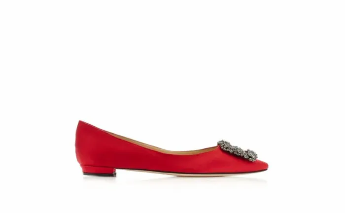 Women Red Satin Jewel Buckle Flat Pumps Manolo Blahnik Flats