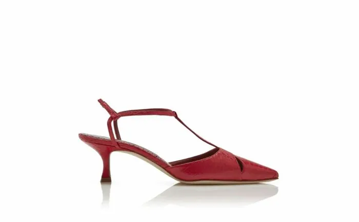 Women Red Snakeskin TBar Pumps Manolo Blahnik Pumps