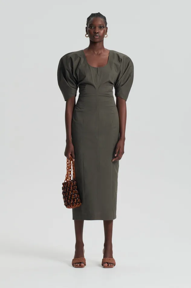 Women Scanlan Theodore SATEEN COTTON TAILORED DRESS KHAKI Dresses