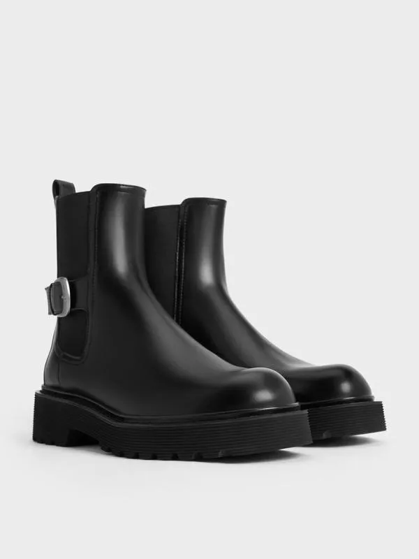 Women SideBuckle RidgedSole Chelsea Boots 8211 Black CHARLES and KEITH Boots
