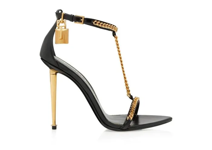 Women The Padlock Tom Ford Shiny Leather Padlock Chain Pointy Naked Sandal Black