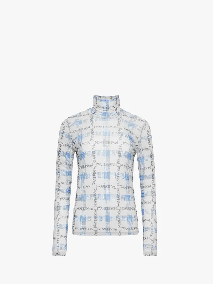 Women Tops and Shirts JW Anderson 034LOGO GRID CHECK034 PRINT 8211 SHEER LONG SLEEVE TOP Blue Women Tops and Shirts JW Anderson 034LOGO GRID CHECK034 PRINT 8211 SHEER LONG SLEEVE TOP Blue