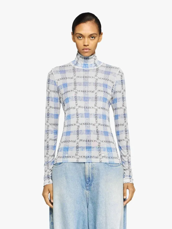 Women Tops and Shirts JW Anderson 034LOGO GRID CHECK034 PRINT 8211 SHEER LONG SLEEVE TOP Blue