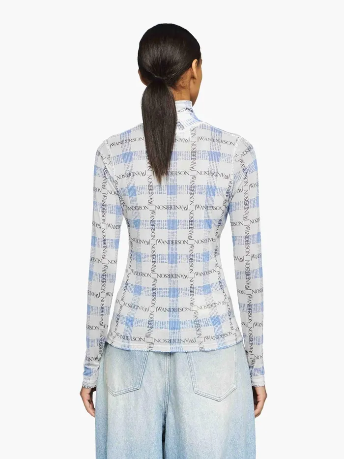 Women Tops and Shirts JW Anderson 034LOGO GRID CHECK034 PRINT 8211 SHEER LONG SLEEVE TOP Blue