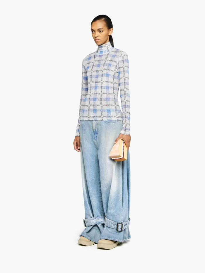Women Tops and Shirts JW Anderson 034LOGO GRID CHECK034 PRINT 8211 SHEER LONG SLEEVE TOP Blue