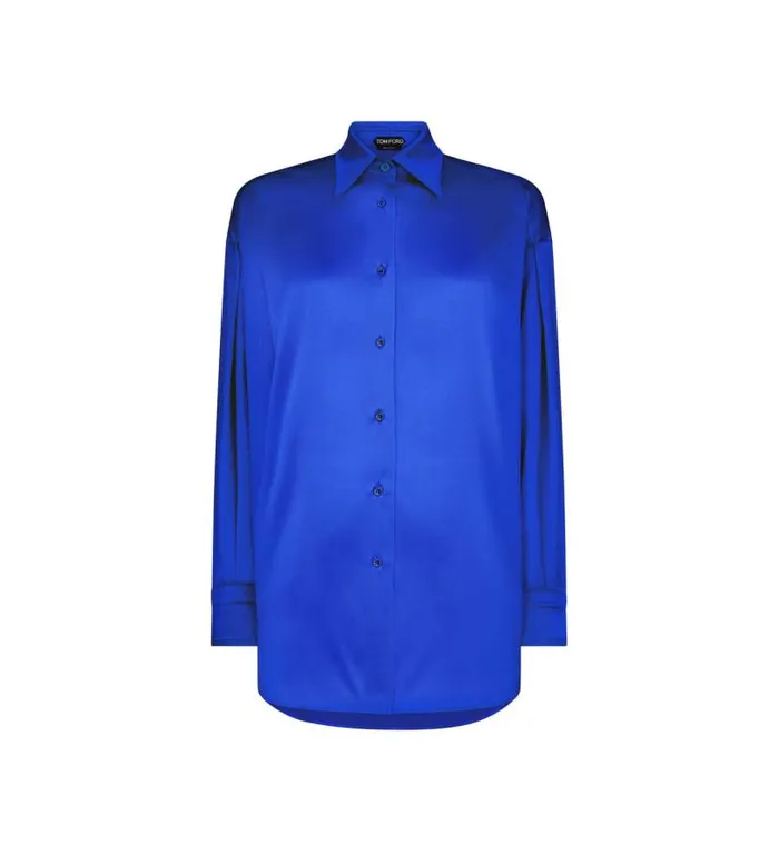 Women Tops Tom Ford Stretch Silk Satin Relaxed Fit Shirt Cobalt Blue