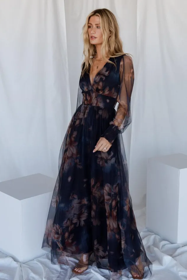 Women Tulle Styles Baltic Born Layla Tulle Maxi Dress Dark Blue Floral