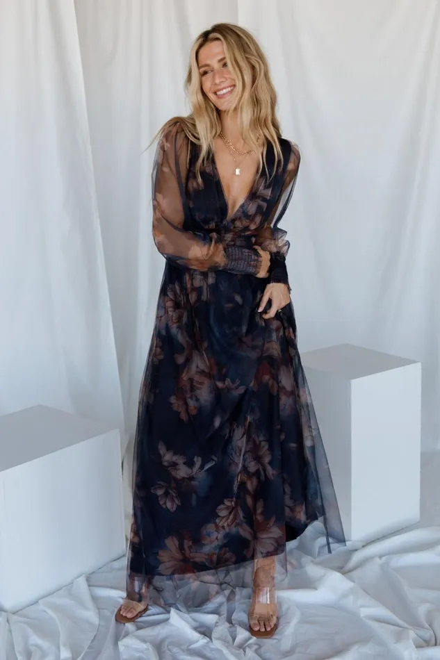Women Tulle Styles Baltic Born Layla Tulle Maxi Dress Dark Blue Floral