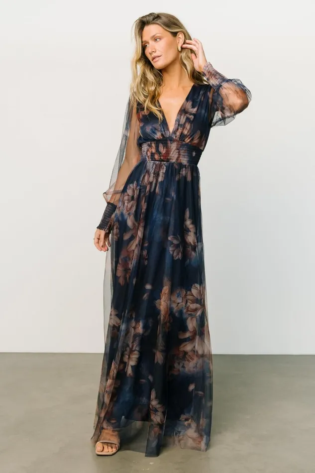 Women Tulle Styles Baltic Born Layla Tulle Maxi Dress Dark Blue Floral