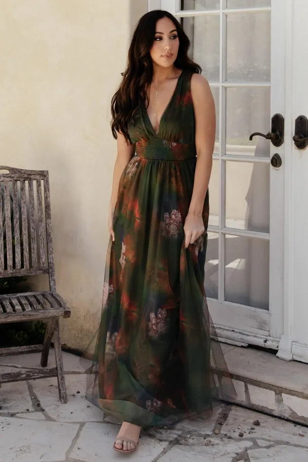 Women Wedding Guest Baltic Born Kamila Tulle Maxi Dress Olive Multi Floral