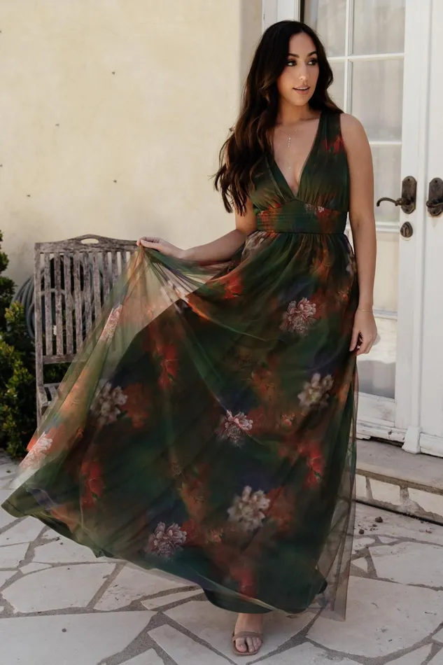 Women Wedding Guest Baltic Born Kamila Tulle Maxi Dress Olive Multi Floral