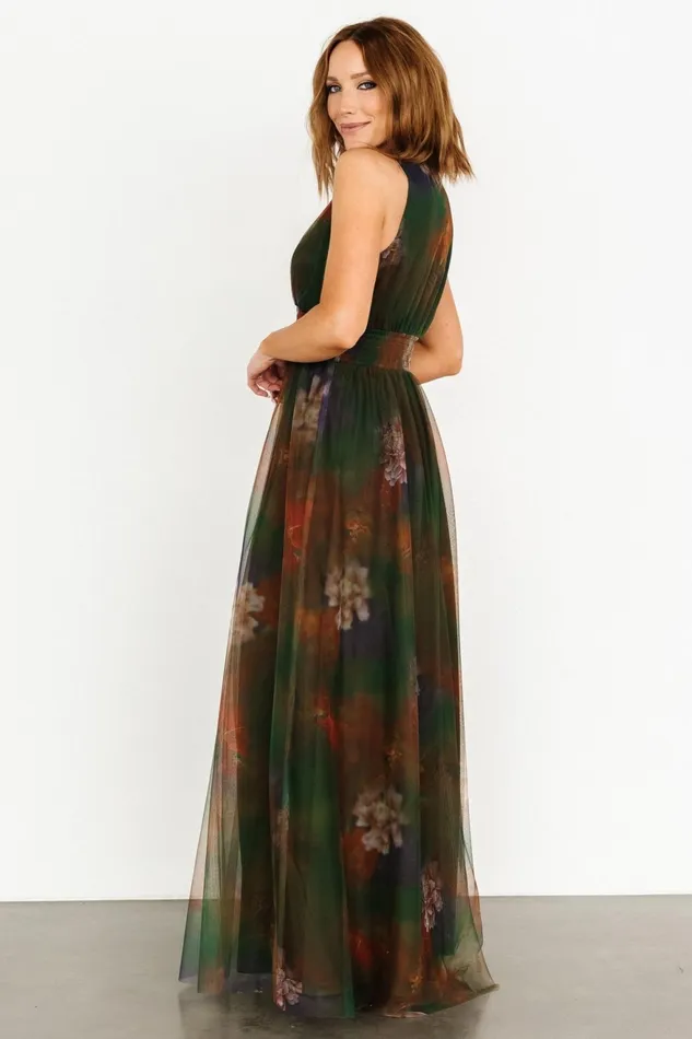 Women Wedding Guest Baltic Born Kamila Tulle Maxi Dress Olive Multi Floral