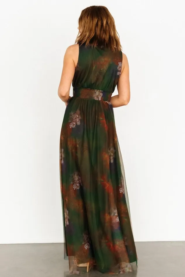 Women Wedding Guest Baltic Born Kamila Tulle Maxi Dress Olive Multi Floral