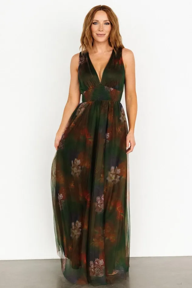 Women Wedding Guest Baltic Born Kamila Tulle Maxi Dress Olive Multi Floral